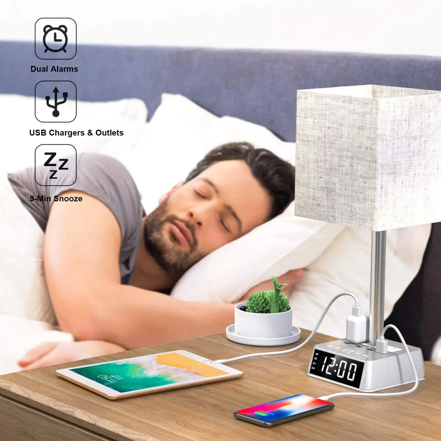Table Lamp, 4 USB Ports &amp; AC Power Outlets, Alarm Clock - Crazy_GadgetTable Lamp, 4 USB Ports &amp; AC Power Outlets, Alarm ClockCrazy_Gadget