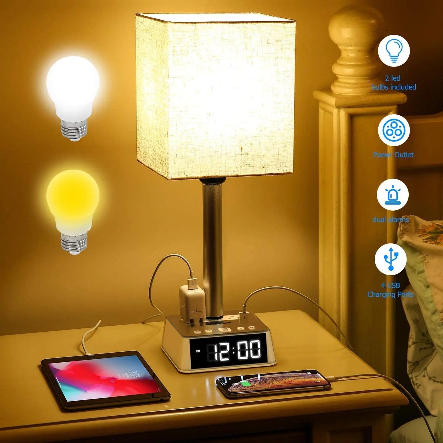 Table Lamp, 4 USB Ports &amp; AC Power Outlets, Alarm Clock - Crazy_GadgetTable Lamp, 4 USB Ports &amp; AC Power Outlets, Alarm ClockCrazy_Gadget